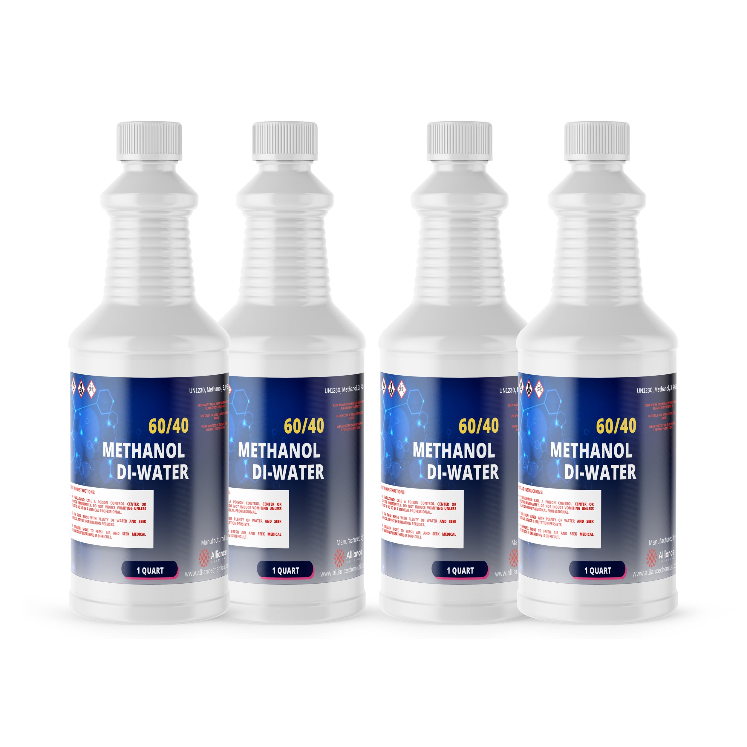 Four 1-quart bottles of 60/40 Methanol DI-Water solution in white HDPE containers with blue labels, UN1230 hazard symbols, and child-resistant caps.
